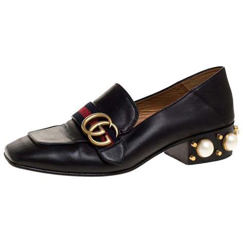 gucci black heel with pearl bow|Shop Gucci Leather Mid.